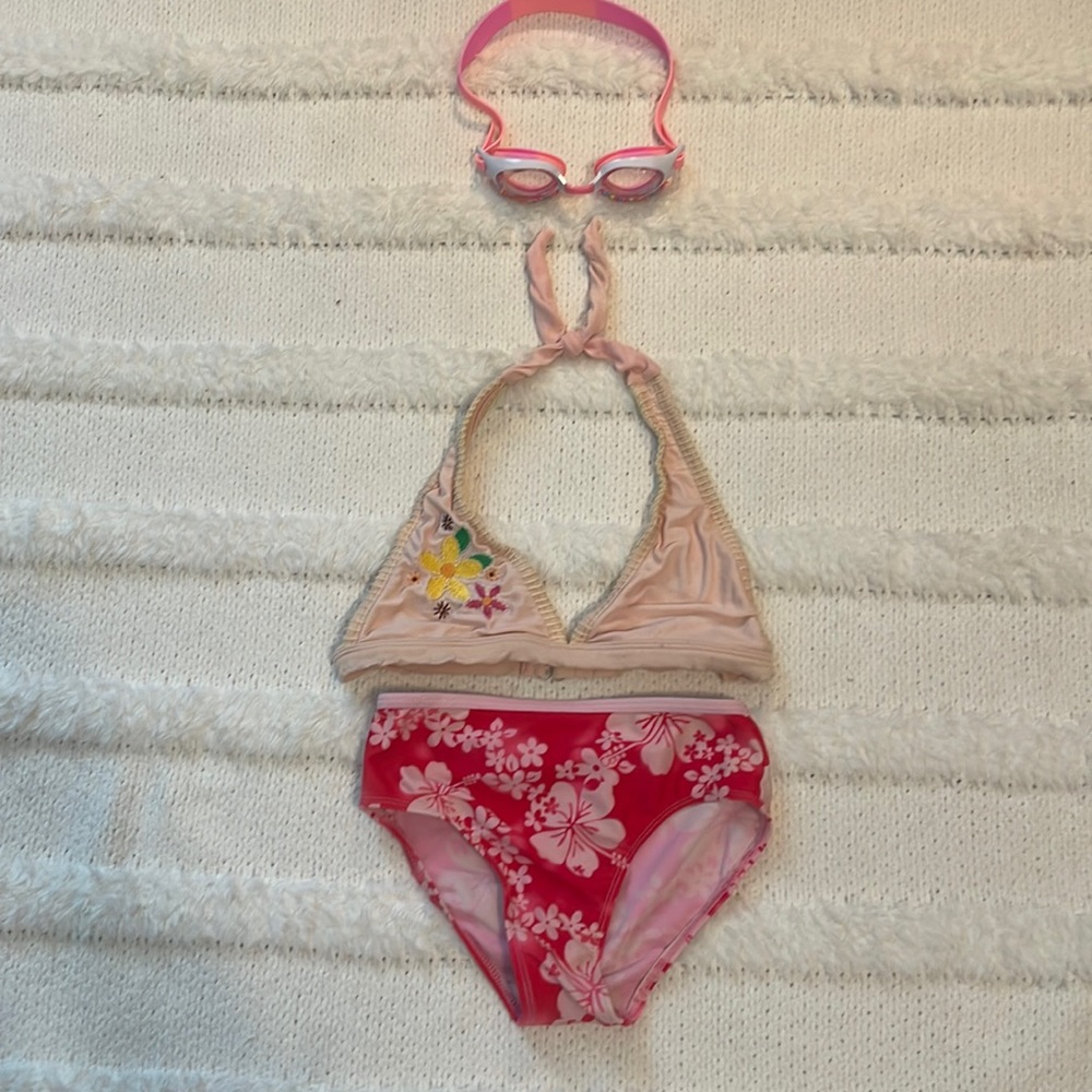 Aqua2dude antifog swim goggles pink embroidered floral swimsuit girls size 7 8 M